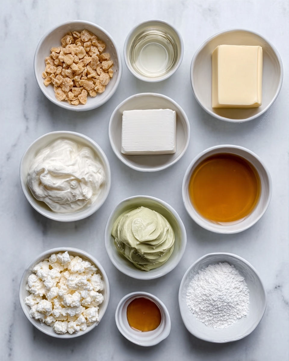The image shows nine small white bowls placed neatly on a white marbled surface. The top row has three bowls: the left one with light brown crunchy pieces, the middle one with clear liquid, and the right one with a stick of pale yellow butter. The middle row has four bowls: the left one contains a white block, the next has a green creamy paste, the third contains fluffy white whipped cream, and the right one holds thick amber syrup. The bottom row has two bowls: the left one has small white curds, and the right one is filled with white powder. The overall look is clean and organized with contrasting colors and textures all in white bowls on the white marbled surface. Photo taken with an iphone --ar 4:5 --v 7