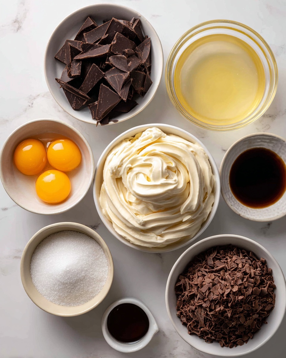 Seven bowls with different ingredients are placed on a white marbled surface. One bowl has dark brown chocolate pieces, another bowl contains four bright orange egg yolks. A large bowl holds creamy light beige whipped mixture with a smooth texture and swirled peaks. Another bowl is filled with white sugar granules. There is a bowl with tiny chocolate curls in dark brown, milk brown, and white colors. A large glass bowl contains pale yellow liquid, and a small bowl contains dark vanilla extract. The bowls vary in size and are arranged in a loose cluster, photo taken with an iphone --ar 4:5 --v 7