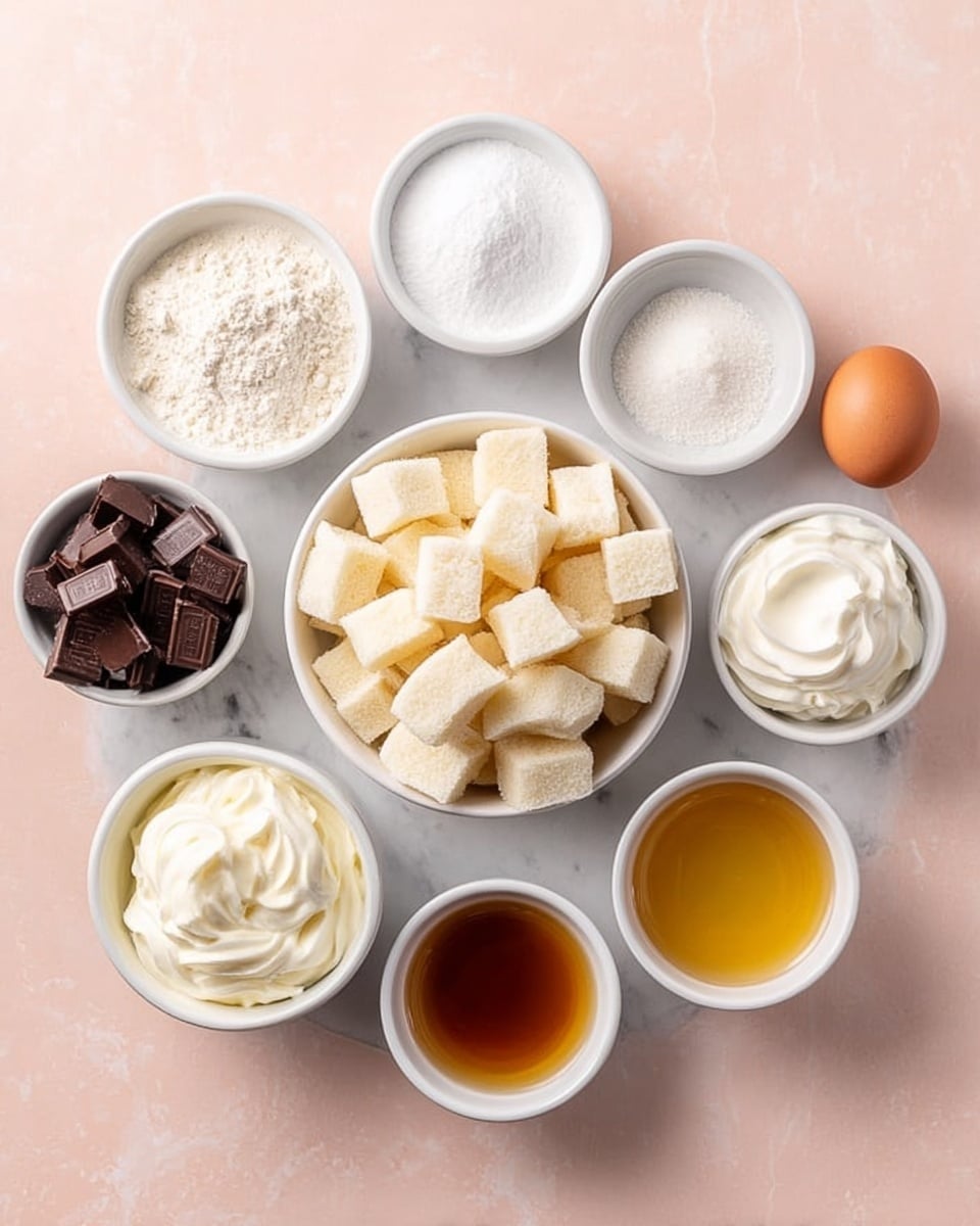 The image shows nine small white bowls arranged on a white marbled surface with a pale pink background. The center bowl is filled with many small, soft cubes of white bread. Surrounding it are eight bowls with different ingredients: one with white sugar, one with plain white cream, one with powdered white flour, one with thick white whipped cream, one with smooth golden honey, one with dark brown chocolate pieces, one with a whole brown egg, and one with light brown liquid. The bowls are neatly spaced and neatly arranged. Photo taken with an iphone --ar 4:5 --v 7