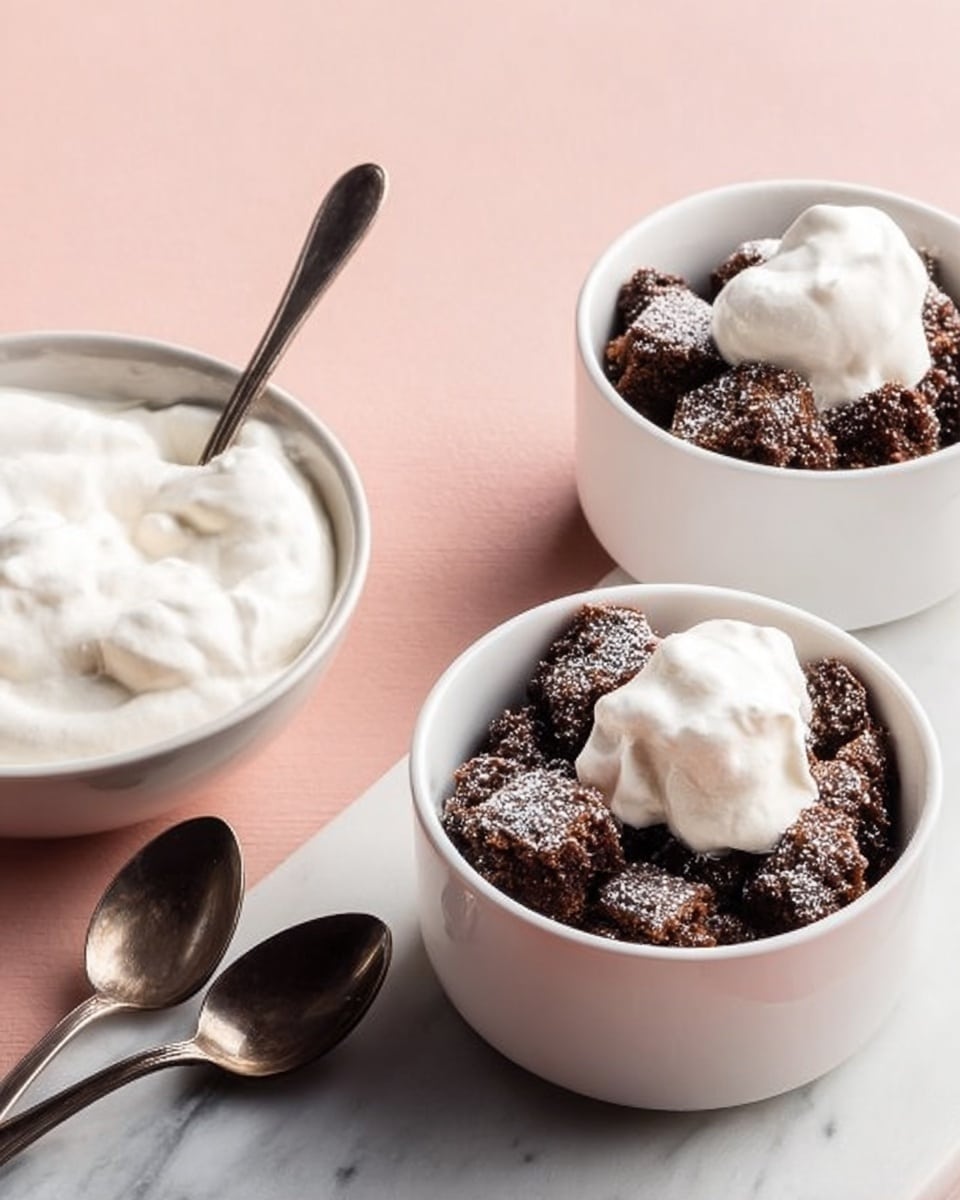 The image shows two white bowls filled with small dark brown cake pieces that have a rough, crumbly texture, topped lightly with powdered sugar and a dollop of white whipped cream on top. Above and to the left is a white bowl filled with smooth white whipped cream, with a spoon resting inside it. Two spoons with dark handles lay near the bowls, on a soft pink background. The whole scene is set on a white marbled surface. Photo taken with an iphone --ar 4:5 --v 7