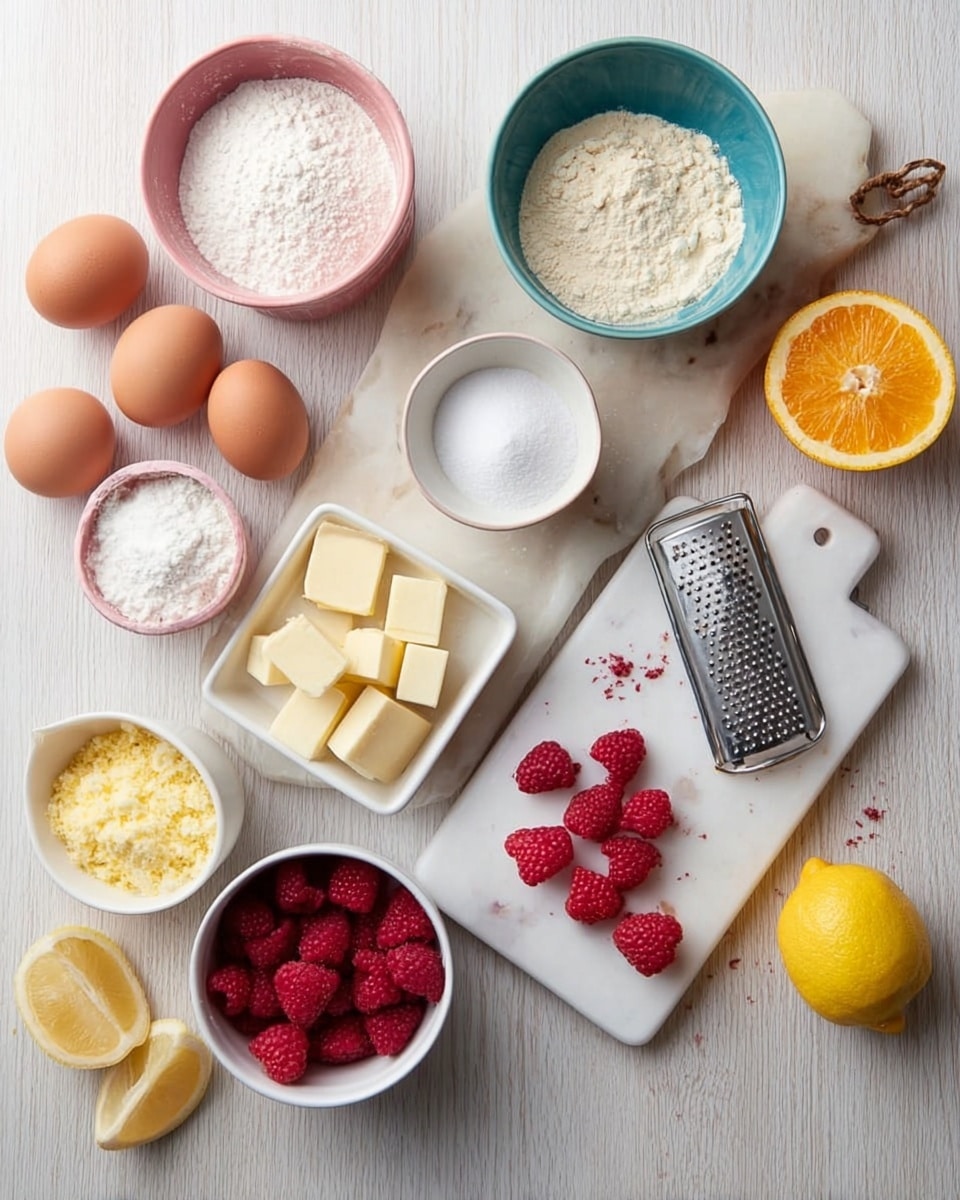 The image shows raw ingredients for baking arranged neatly on a white marbled surface. There are three brown eggs placed near the center, surrounded by small white bowls filled with white sugar, cubed butter, and white flour. A pink bowl holds more white flour, and a blue bowl contains ground almonds or a similar nut powder. A small white rectangular dish also holds cubed butter. A bunch of fresh red raspberries sit in a square white dish with some scattered around it. On the right side, there is a white cutting board with a grater, an orange with orange zest, and two halves of a lemon and one whole lemon nearby. The whole scene is clean and bright with a soft natural light. Photo taken with an iphone --ar 4:5 --v 7