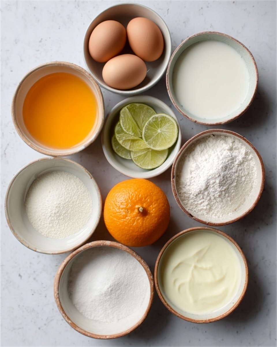 The image shows eight brown eggs in a white bowl at the top center. Below the eggs are six smaller white bowls arranged in a loose circle on a white marbled surface. The top left bowl contains an orange liquid, next to it on the right side is a bowl filled with white milk. To the right bottom of the milk is a bowl with white powder inside. Below this is an orange fruit placed directly on the surface. Below the orange is a bowl with white sugar. Left of the sugar is a bowl with creamy white liquid, and above that is a bowl holding two lime halves. All bowls are white with a natural brown rim, creating a neat arrangement. photo taken with an iphone --ar 4:5 --v 7