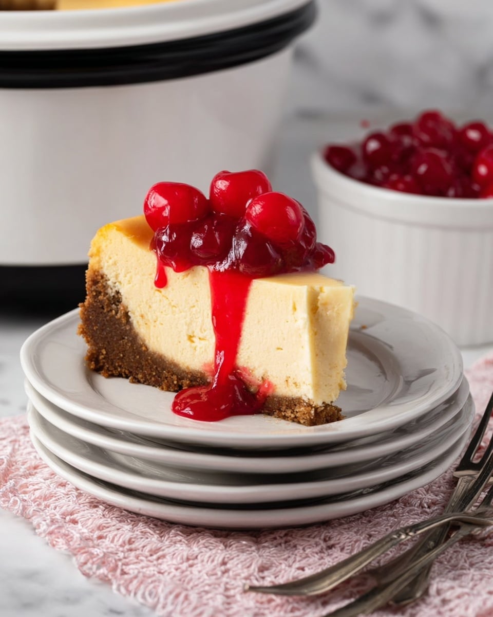 A slice of cheesecake sits on a stack of two white plates, showing three layers: a crumbly dark brown crust at the bottom, a thick, smooth pale yellow cheesecake layer in the middle, and a thin, lightly browned top layer. Bright red cherry topping with whole cherries and syrup drips down the sides of the cheesecake. In the background, a white container with black trim is partially visible, along with a white marbled surface beneath everything. Nearby is a white dish filled with more red cherry topping, and two forks lie on a white and pink textured cloth. Photo taken with an iphone --ar 4:5 --v 7