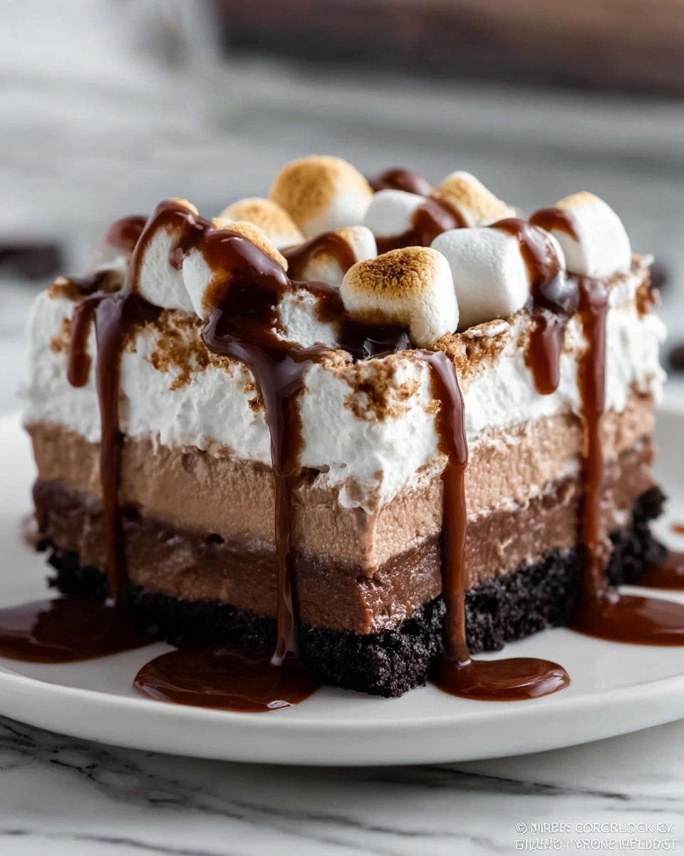 The image shows a square slice of a four-layer dessert on a white plate with a white marbled surface underneath. The bottom layer is dark, crumbly, and textured like a cookie crust. Above it is a smooth, light brown chocolate layer. On top of that is a thicker, darker chocolate layer with a creamy texture. The final top layer is a soft, white marshmallow-like topping, fresh and fluffy, with whole mini marshmallows placed on it. Brown chocolate sauce is drizzled thickly over the marshmallows and down the sides of the dessert, adding shine and contrast. Photo taken with an iphone --ar 4:5 --v 7