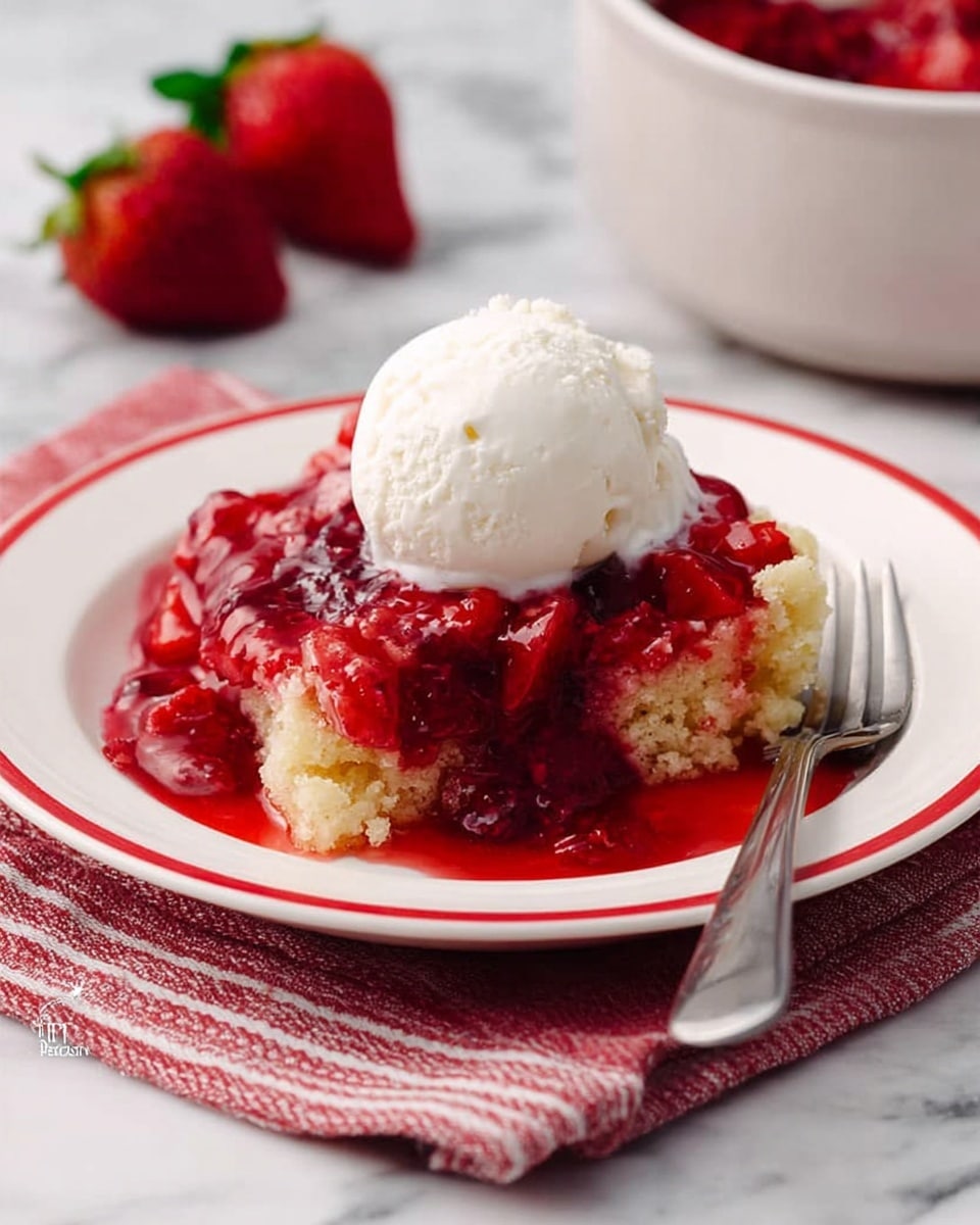 The image shows a white plate with a red rim holding a serving of strawberry dessert topped with a scoop of white vanilla ice cream. The dessert has two main layers: the bottom layer is a light golden, crumbly cake, and on top is a glossy, bright red strawberry sauce with visible chunks of strawberries. The vanilla ice cream scoop is centered on the dessert, starting to melt and creating a creamy white liquid that blends with the strawberry sauce. In the background, there are two whole strawberries and a white bowl on a white marbled surface. A silver fork lies on a red and white striped cloth next to the plate. Photo taken with an iphone --ar 4:5 --v 7