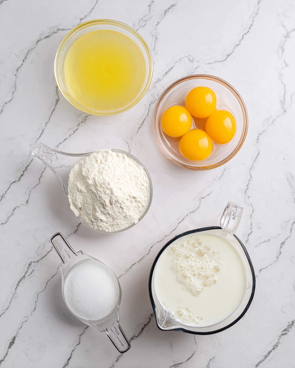 The image shows baking ingredients arranged on a white marbled surface in a top-down view. There are two clear glass bowls at the top, one filled with a clear yellow liquid and the other with four bright yellow egg yolks. Below them, there are two clear measuring cups with handles placed diagonally; the left one contains white flour and the right one is filled with white granulated sugar. Finally, at the bottom right, a larger clear measuring cup holds white milk with some bubbles on the surface. All items are presented neatly and spaced evenly. photo taken with an iphone --ar 4:5 --v 7