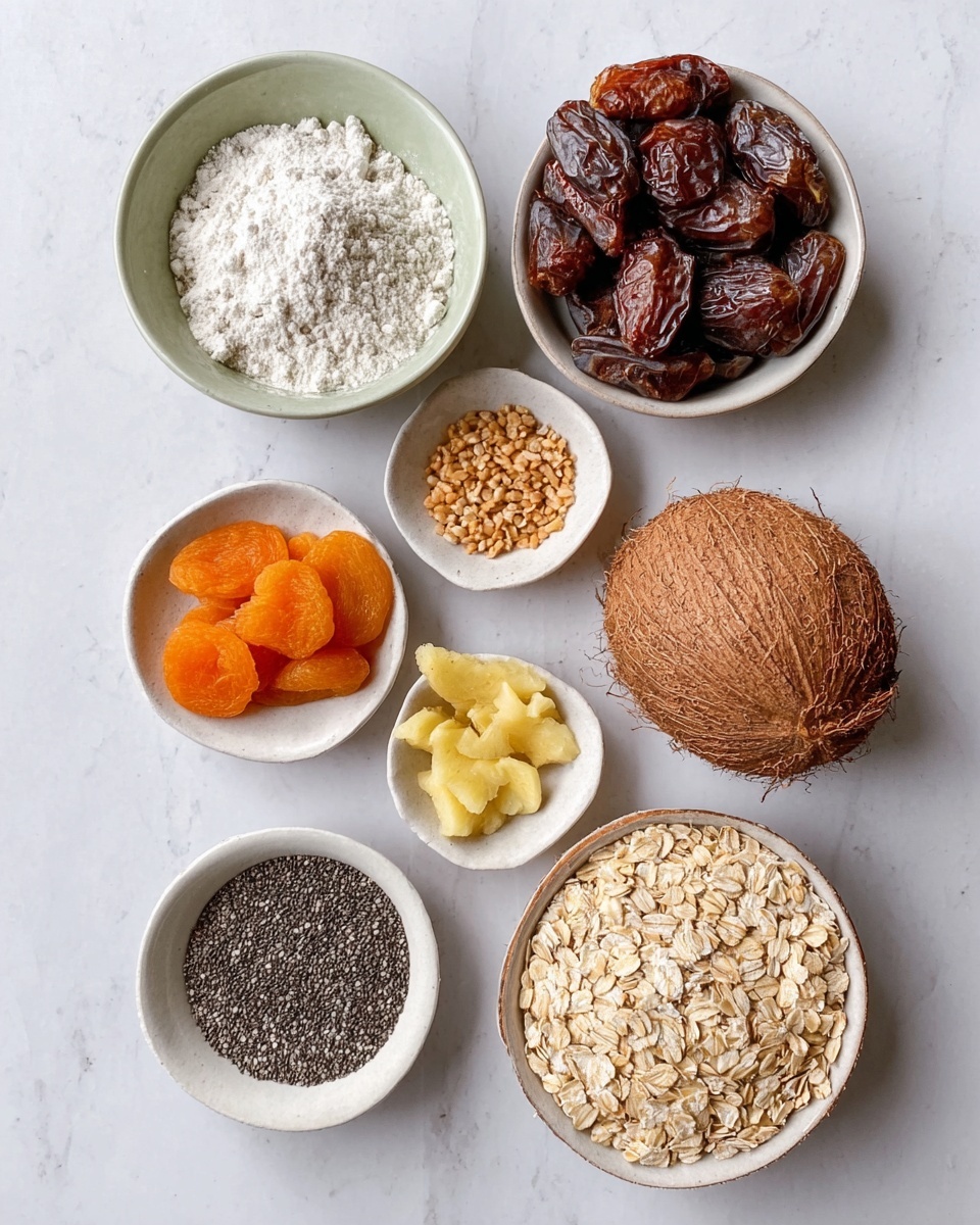 The image shows seven small white bowls arranged in two columns on a white marbled surface. On the top row, there is a bowl with white flour on the left and a bowl filled with whole dates on the right. Below the flour is a bowl with dried apricots, and across from it, below the dates, is a bowl with small black chia seeds. Under the apricots, there are three slices of fresh ginger next to a tiny white bowl with crushed nuts. The bottom row has a larger white bowl filled with light beige rolled oats. A whole coconut is placed in the top right corner of the image. Photo taken with an iphone --ar 4:5 --v 7