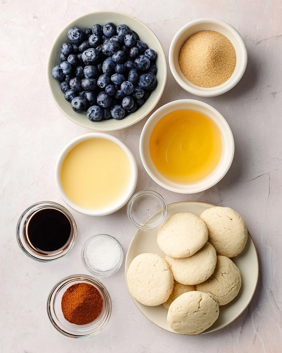 A top-down view of multiple small white bowls and one white plate arranged on a white marbled surface, each holding different ingredients. The white plate at the bottom right shows a pile of light beige biscuit dough rounds. To its upper left, a white bowl filled with smooth golden yellow liquid, and next to it, on the left side, another white bowl full of brown sugar. Above these, a white bowl brimming with fresh, plump blueberries. To the bottom left of the plate, two small clear glass bowls contain dark brown vanilla extract and reddish-brown cinnamon powder. A final white bowl with granulated white sugar is placed next to the bowl with yellow liquid. The whole setup has a soft, natural light, highlighting the textures clearly. photo taken with an iphone --ar 4:5 --v 7