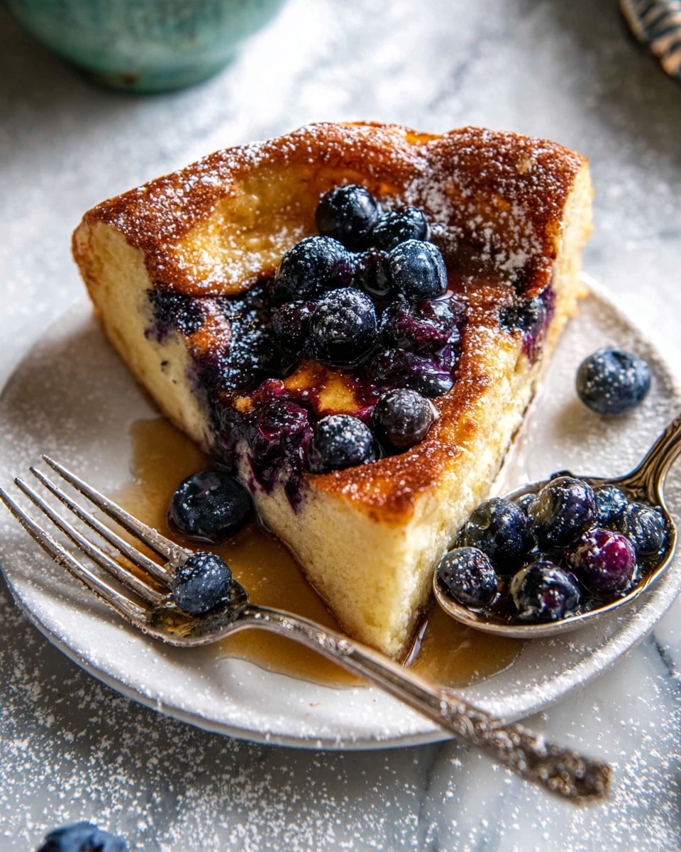 A thick slice of blueberry pancake with a golden brown, crispy edge and soft, slightly fluffy light yellow inside is placed on a white plate. On top of the pancake, there is a drizzle of shiny syrup pooling in the middle and scattered fresh, dark blue blueberries partly soaked in syrup. A silver fork with a blueberry near its prongs lies on the bottom left of the plate, and a vintage silver spoon filled with blueberries appears on the right beside the plate. The background is a white marbled surface sprinkled lightly with powdered sugar. Photo taken with an iphone --ar 4:5 --v 7