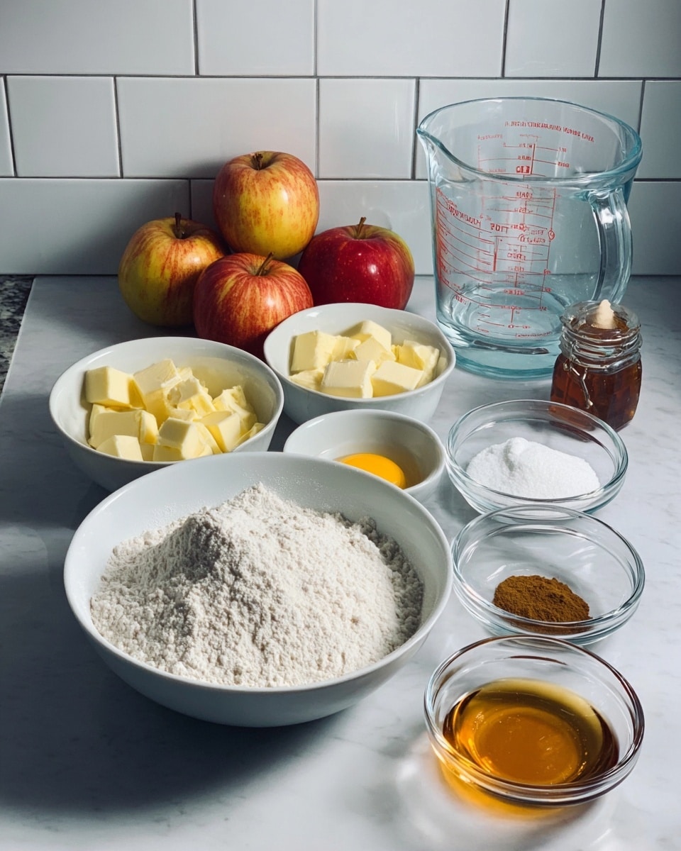 A large white bowl holds several piles of dry ingredients, including white flour, brown flour, white sugar, and a small heap of brown spices, all neatly separated. Next to it, a small white bowl contains chunks of pale yellow butter. Nearby is a clear glass bowl with one raw egg, its bright yellow yolk and clear white visible. A transparent Pyrex measuring cup with water is placed on the right side. In front, two small clear glass bowls hold a dark amber liquid and a jar of honey with a golden color. Two whole apples with a red and yellow skin sit behind the bowls, all arranged on a white marbled surface with white subway tiles in the background. photo taken with an iphone --ar 4:5 --v 7