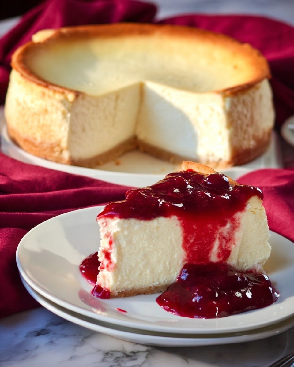 A tall round cheesecake on a white plate with smooth light cream color and a golden brown edge. In front, a slice of the cheesecake sits on another white plate, showing a thick creamy inside with a soft texture, topped with a shiny dark red berry sauce that drips down the sides and pools on the plate. The plates rest on a deep red cloth with a white marbled surface beneath. Photo taken with an iphone --ar 4:5 --v 7