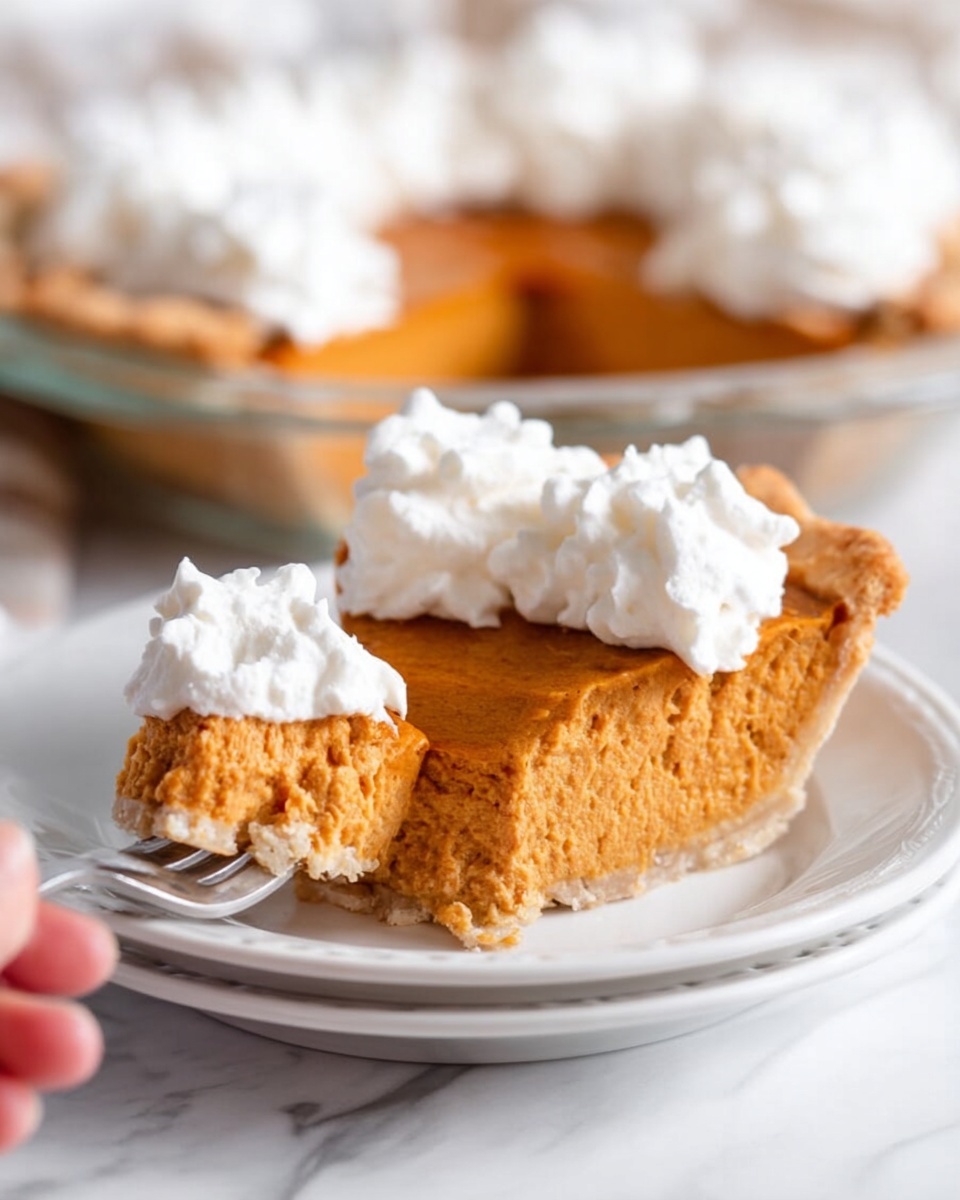 A slice of pumpkin pie sits on a white plate with a white marbled surface underneath. The pie has a light golden crust at the bottom and a thick orange filling that looks smooth and dense. On top of the filling, there are small dollops of white whipped cream, soft and fluffy. A woman's hand holds a fork with a piece of the orange filling and crust on it. In the background, the rest of the pie is seen in a clear glass pie dish, topped with more whipped cream dollops. The photo taken with an iphone --ar 4:5 --v 7