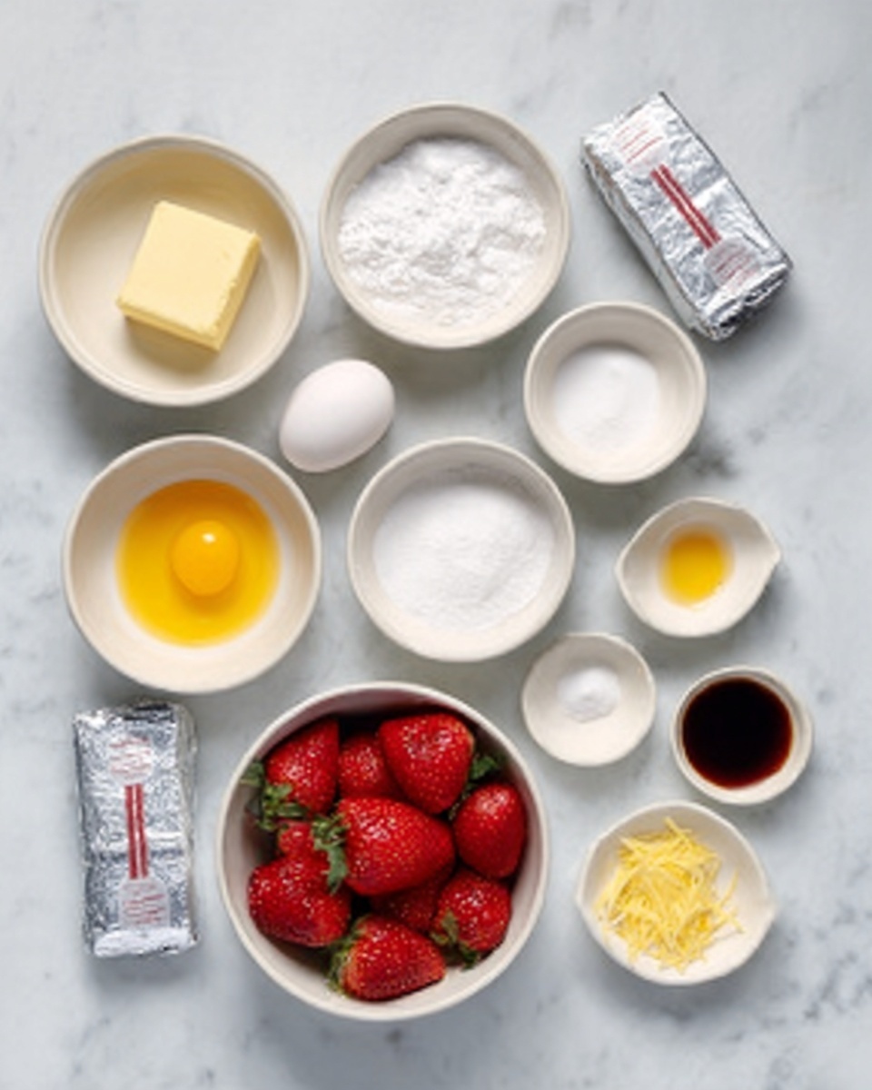 The image shows a white marbled surface with nine small white bowls and two wrapped bars of butter placed in the lower center. The bowls contain different ingredients: one has a stick of butter, another has a bright yellow egg yolk, a third has white granulated sugar, while a fourth holds a white powder (likely flour). There is a bowl with bright red strawberries in the right center. Two small bowls display dark vanilla extract and a small amount of salt, and there is another small bowl with some grated yellow lemon zest. The wrapped butter bars are silver and placed neatly beside the bowls. Everything is arranged neatly, giving a clean and organized view. Photo taken with an iphone --ar 4:5 --v 7