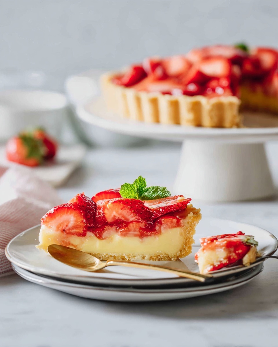 The image shows a slice of strawberry tart on a white plate with a thin gray rim. The tart has three main layers: a light golden crust at the bottom, a creamy pale yellow custard filling in the middle, and bright red sliced strawberries arranged on top. A small green mint leaf sits on the strawberries, adding contrast. A small piece of the tart is on a gold spoon placed on the plate next to the slice. In the background on a white cake stand is the remaining tart covered with more sliced strawberries. The setting has a white marbled surface and soft daylight. Photo taken with an iphone --ar 4:5 --v 7