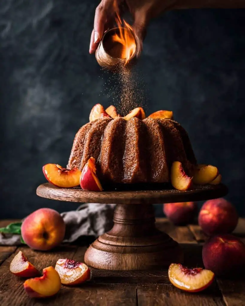 Peach Cobbler Pound Cake with Salted Honey Caramel and Flambéed Bourbon Peaches Recipe