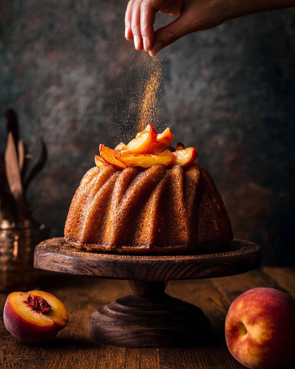 A bundt cake with a golden-brown crust sits on a dark wooden cake stand, shaped with deep ridges around its round form. The cake is decorated on top with several caramelized peach slices arranged in a small pile. A woman's hand is seen sprinkling a bright orange powder that catches light and sparks as it falls onto the cake. In front of the cake stand, a whole peach and peach half rest on a table with a warm wood texture, while the background is a dark, rustic wall. The whole scene is warm and inviting with a focus on rich textures and warm colors. Photo taken with an iphone --ar 4:5 --v 7