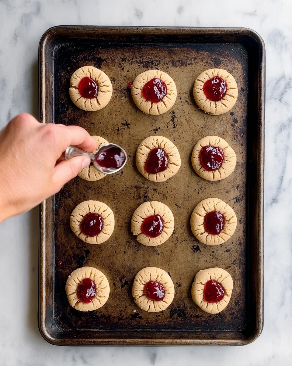 On a dark baking tray with signs of use and slight discoloration, there are 12 round cookies arranged in rows, each with a light golden-brown color and fine cracks on the surface. Each cookie has a dollop of deep red jam placed roughly in the center, creating a glossy and slightly textured contrast against the dry, soft cookie. A woman's hand, holding a small silver spoon, is in the top left area, adding jam to one of the cookies. The tray is placed on a white marbled surface that has subtle gray veins and irregular patterns, adding a clean, elegant look to the setting photo taken with an iphone --ar 4:5 --v 7