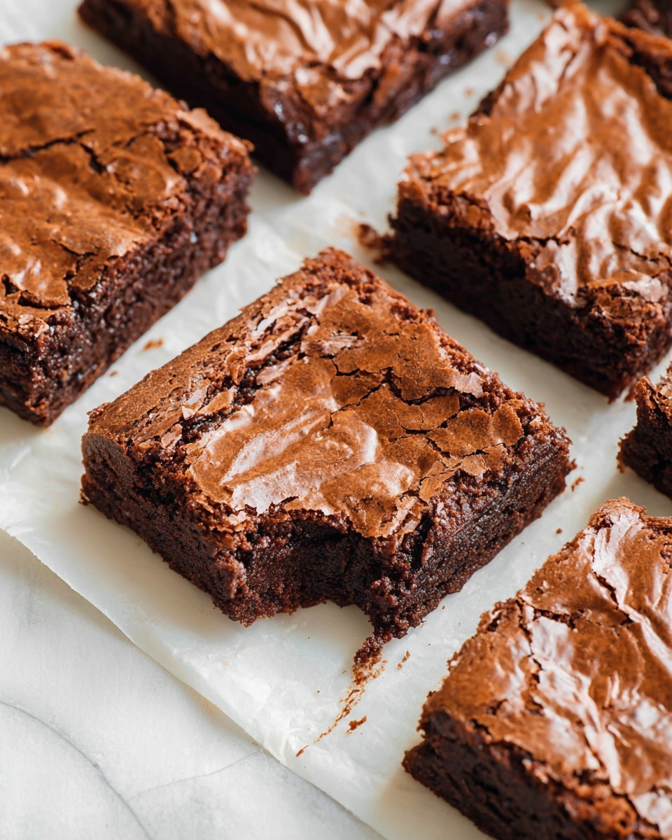 A close-up view of six chocolate brownies arranged on white parchment paper over a white marbled surface. Each brownie is rectangular with a rich, dark brown color and slightly crumbly texture on the edges, while the top layer has a shiny, cracked surface with lighter brown streaks, showing the soft and dense inside. The focus is on the front brownie, which has one small bite taken out, revealing the moist interior. Photo taken with an iphone --ar 4:5 --v 7