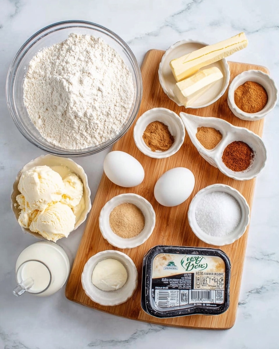 The image shows a white marbled surface with a wooden cutting board on the right holding several small white bowls filled with various ingredients: white granulated sugar, light brown sugar, cinnamon powder, powdered sugar, cornstarch, salt, and vanilla extract. There are two white eggs placed next to two sticks of butter wrapped in yellow paper, and a small glass of milk near the bottom of the board. On the left side, there is a large clear glass bowl with white flour, and below it, a white container of vanilla ice cream with black lid and label. The setting is clean and bright with all items neatly arranged. Photo taken with an iphone --ar 4:5 --v 7