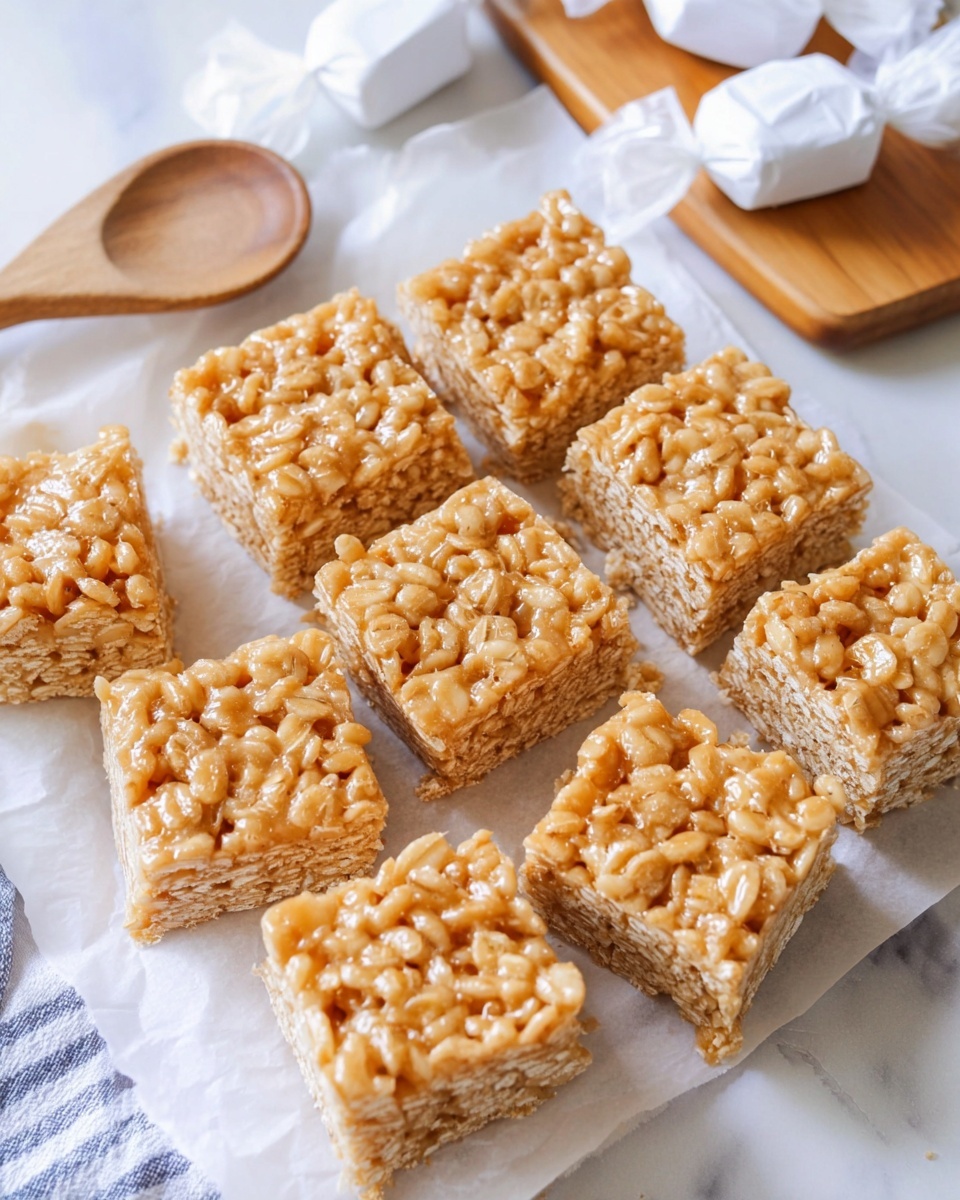 The image shows nine square pieces of a light golden crispy oat snack arranged on white parchment paper. The snack has visible oats bound together with a shiny syrup, giving it a textured and slightly sticky look. The pieces are neatly cut and placed close together on a white marbled surface, with caramel candies wrapped in white wrappers and a wooden board partly visible in the background. Photo taken with an iphone --ar 4:5 --v 7