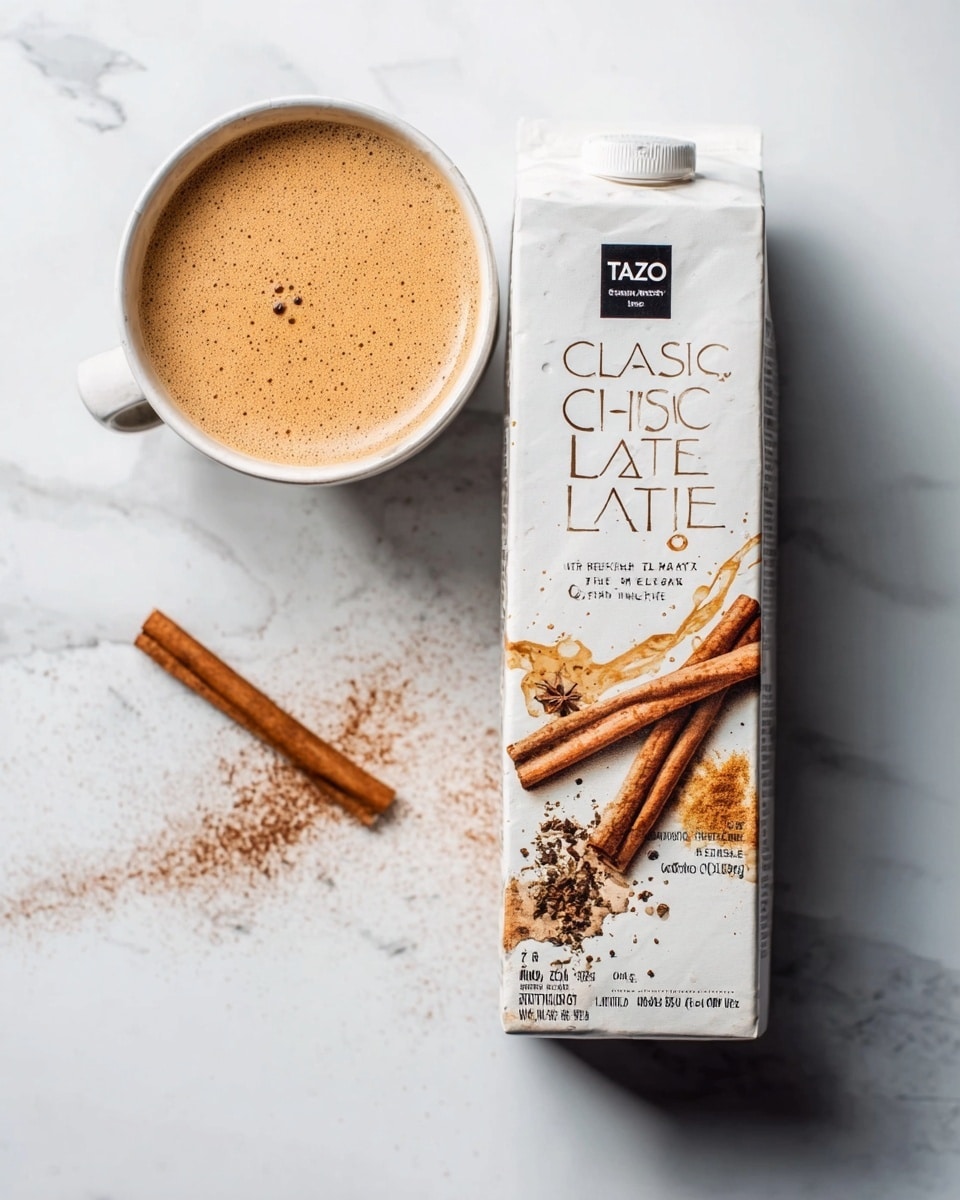 The image shows a rectangular white carton of Tazo Classic Chai Latte placed upright on a white marbled surface, with a top view of a cup of chai latte featuring frothy light brown foam and cinnamon sticks arranged around it on the front of the carton, along with splashes of tea and spices in warm brown tones. The text and logo are bold and black, clearly visible against the white carton. The lighting is soft and natural, highlighting the details on the package. photo taken with an iphone --ar 4:5 --v 7