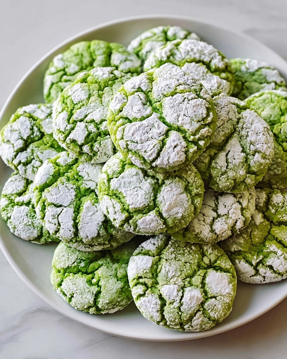 A plate filled with a pile of green cookies that have a crinkled and cracked white powder coating on top. Each cookie is round and the green dough shows through the white cracks, giving a textured look with rough, uneven patches of powder on the surface. The cookies are stacked closely and cover almost the entire white plate. The background is a white marbled surface. photo taken with an iphone --ar 4:5 --v 7