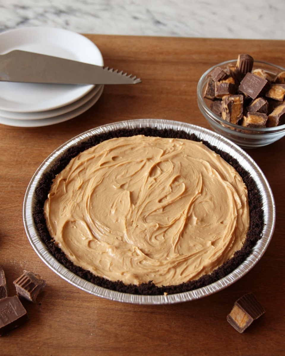The image shows a two-layer dessert in a round silver foil pie pan placed on a wooden table with a white marbled texture. The bottom layer is a dark brown, crumbly chocolate crust that lines the pan’s sides clearly. On top of the crust is a thick, creamy peanut butter-colored layer with a smooth, swirled texture that covers the entire surface evenly. Near the pie pan are small pieces of a peanut butter cup candy and a clear glass bowl filled with more chopped pieces of the same candy. To the left, a large white plate holds a large serrated cake knife. Photo taken with an iphone --ar 4:5 --v 7