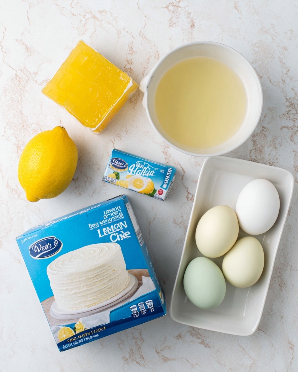 A flat lay of baking ingredients on a white marbled surface includes a whole bright yellow lemon on the top left, a small box of yellow lemon gelatin dessert in the center top, a white bowl filled with light yellow liquid on the top right, and a blue box of white cake mix featuring a photo of a two-layer white frosted cake on the front left. On the bottom right, there is a white rectangular dish holding four large eggs in soft cream and pale green colors. The arrangement is neat and simple, showing each ingredient clearly photo taken with an iphone --ar 4:5 --v 7