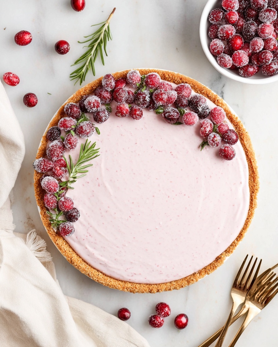 A round pie with a golden brown crust forming the base, filled with a smooth light pink creamy layer with tiny red flecks inside, topped on one side with a neat row of fresh and sugared red cranberries and small green rosemary sprigs for decoration. The pie sits on a white marbled surface, with a small white bowl filled with fresh cranberries nearby. A white cloth and three gold forks are placed at the bottom right, and scattered cranberries and rosemary sprigs add detail to the background. Photo taken with an iphone --ar 4:5 --v 7