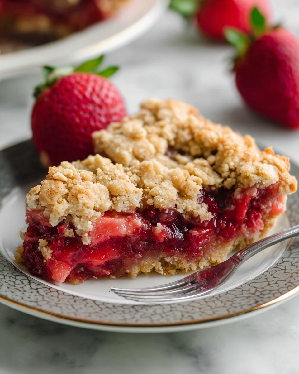 A close-up of a slice of strawberry crumble dessert on a white plate with a gray decorative border and a thin gold rim, placed on a white marbled surface. The dessert has two main layers: a bottom layer of bright red strawberry filling with visible chunks of strawberries, and a top layer of golden brown crumbly oat topping with a rough texture. A whole fresh strawberry rests behind the slice, and a silver fork is placed on the plate behind the dessert. Photo taken with an iphone --ar 4:5 --v 7