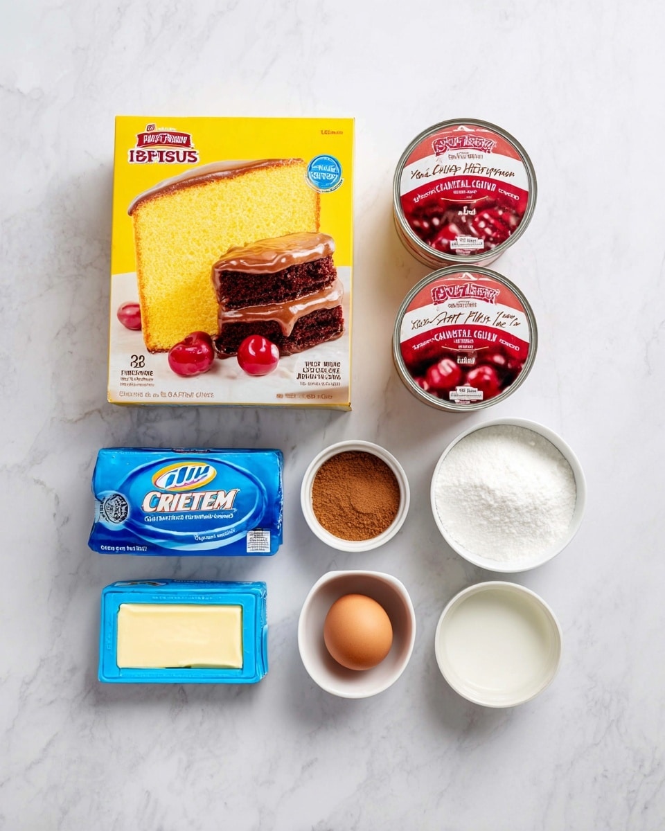 The image shows baking ingredients arranged neatly on a white marbled surface. In the center, there is a yellow cake mix box with an image of a two-layer yellow cake with dark brown frosting between and on top. On each side of the box, there are two cans of cherry pie filling with bright red cherries and golden crust on the label. Below the box, there is a blue cream cheese package, a stick of butter with