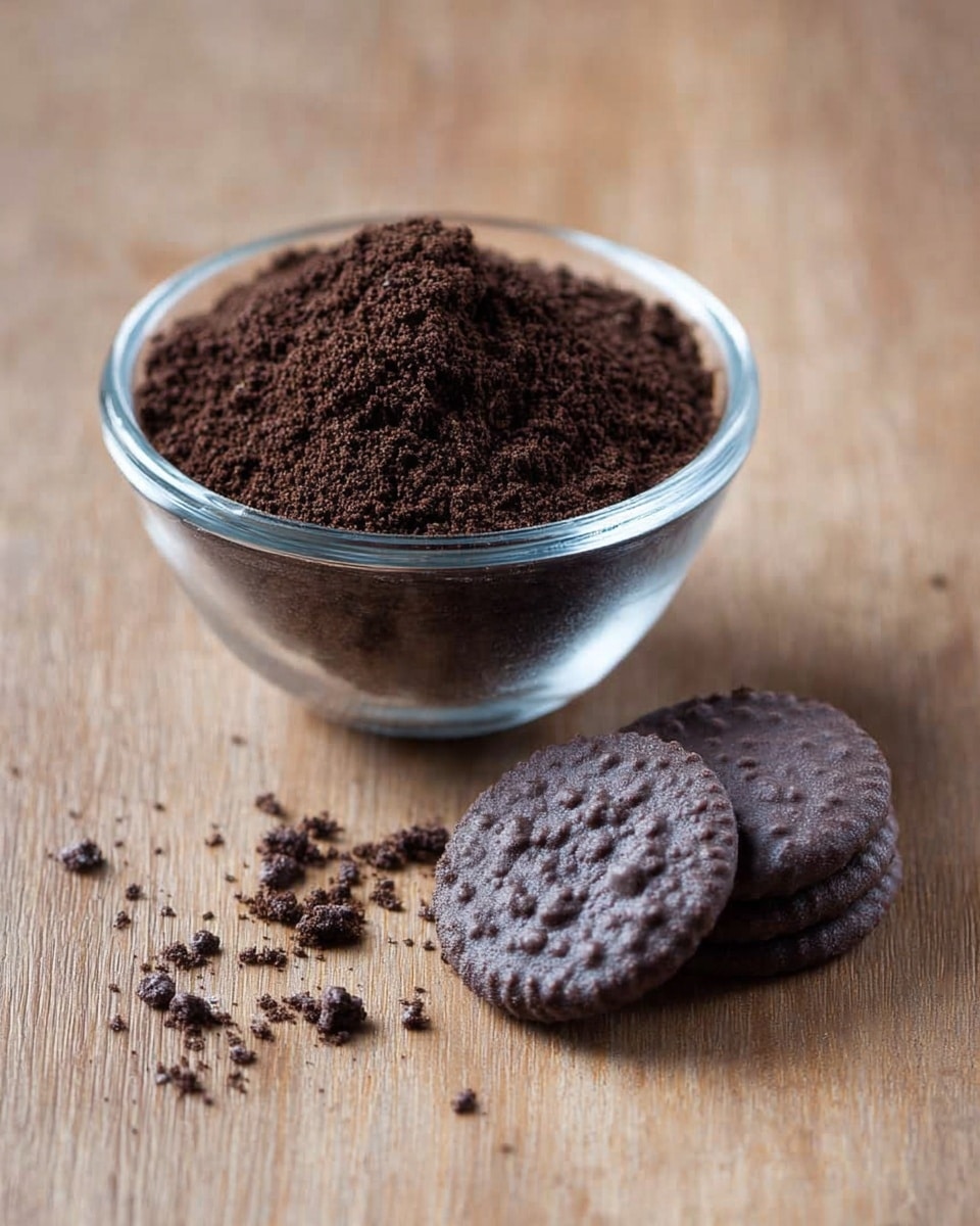 A clear glass bowl filled with dark brown, fine crumbly powder sits on a smooth light wooden surface. Next to the bowl, there are three round chocolate-covered cookies with a slightly bumpy texture arranged close together. Some dark brown crumbs are scattered lightly around the bowl and cookies. The image feels warm and cozy, with a natural look. photo taken with an iphone --ar 4:5 --v 7