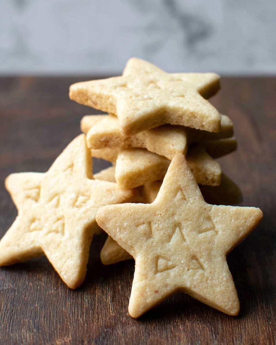 There are five star-shaped cookies with a light golden color and a slightly rough texture. Each cookie has small letters and numbers pressed into the top surface. The cookies are stacked and arranged casually on a dark brown wooden surface, showing their thickness and inviting a homemade feel. photo taken with an iphone --ar 4:5 --v 7