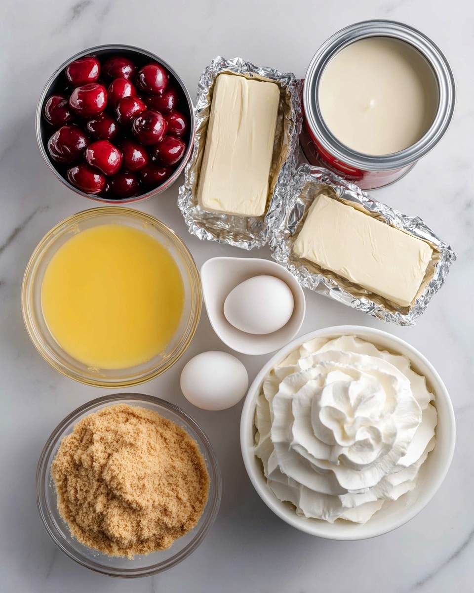 The image shows ingredients for a dessert arranged neatly on a white marbled surface. There are two packets of cream cheese, both opened to show smooth, white blocks inside silver wrappers. Above the cream cheese is an open can of bright red cherries with syrup. Next to it is a white bowl filled with whipped cream showing fluffy white peaks. A small glass measuring cup with a light yellow liquid is placed near three white eggs that are inside a clear glass bowl. On the left side are three more clear bowls: one with yellow melted butter, one with white granulated sugar, and another filled with light brown crushed graham cracker crumbs, spread evenly. At the top, there is an open can of creamy condensed milk with the silver lid slightly lifted back. Everything is well-arranged on the flat surface in a light and clean setting. Photo taken with an iphone --ar 4:5 --v 7