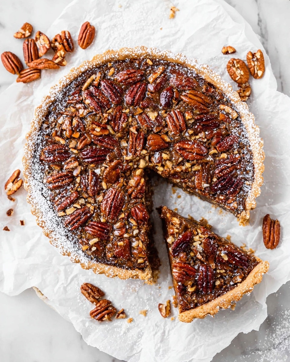 A round pecan pie with a golden brown crust dusted with white powdered sugar around the edges, filled with a glossy layer of whole and chopped pecans coated in a rich caramel glaze, is set on crinkled white parchment paper on a white marbled surface. One slice is cut and slightly lifted to show the dense, nutty filling inside. Whole pecans are scattered casually around the pie on the parchment. Photo taken with an iphone --ar 4:5 --v 7