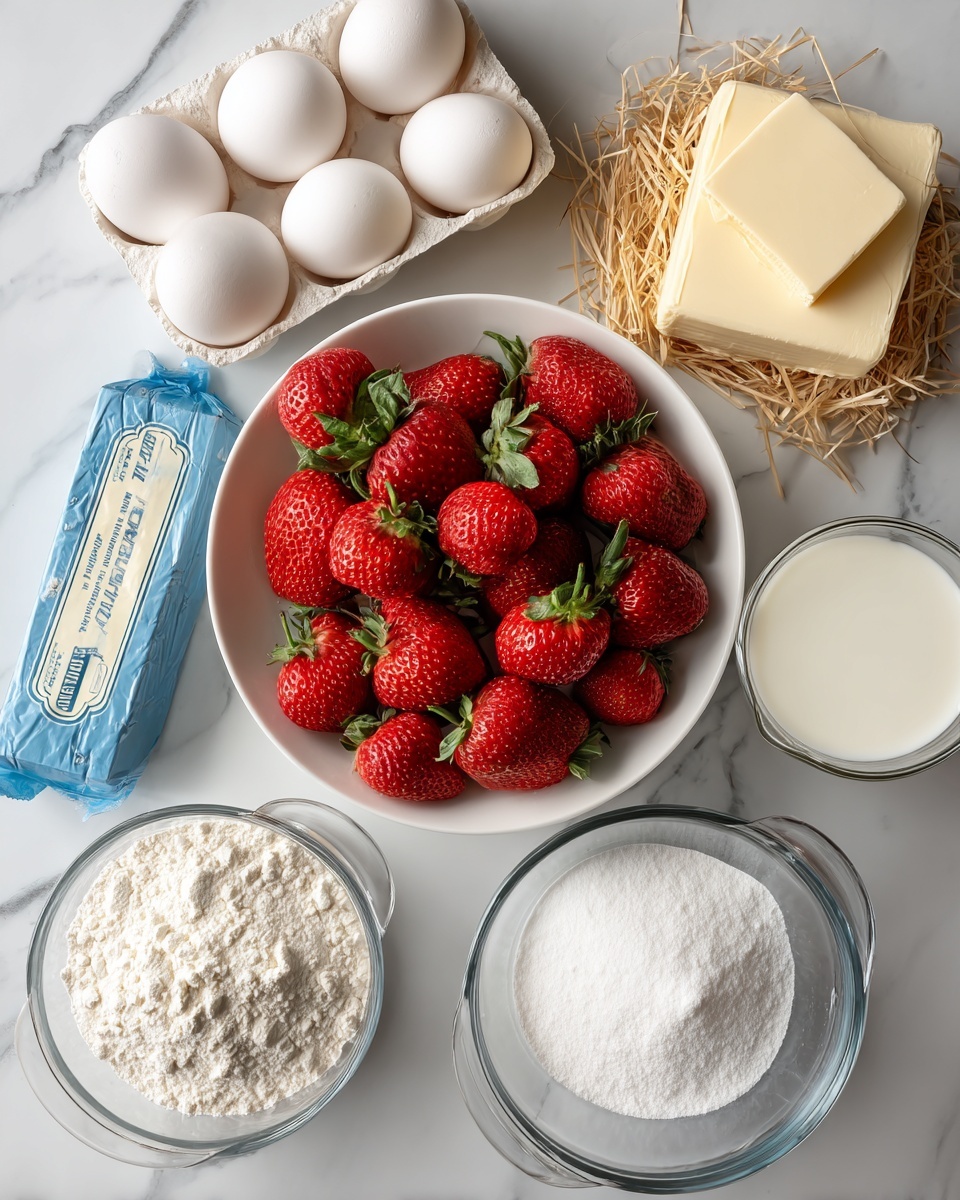 A white bowl filled with red strawberries with green stems sits at the bottom center of the image. Around it are clear measuring cups: on the left, one filled with white flour; on the right, one with white sugar above and one with milk in the top right corner. In the top left corner, there is a carton holding six white eggs with straw inside. Next to the eggs, there is a blue wrapped block of butter. All items rest on a white marbled surface. Photo taken with an iphone --ar 4:5 --v 7