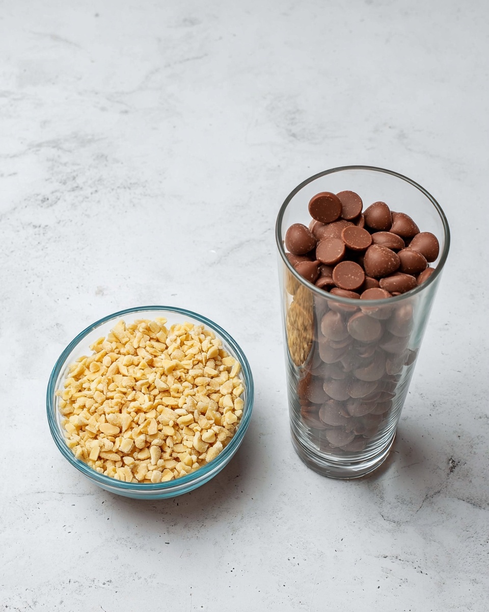The image shows two clear glass containers set on a white marbled surface. On the left, a small round bowl holds a layer of small, pale yellow chopped nuts with a rough texture, covering the bottom half of the bowl. To the right, a tall clear glass is filled almost to the top with smooth, round milk chocolate chips showing rich brown color and a shiny surface with some chips slightly stacked on each other. photo taken with an iphone --ar 4:5 --v 7