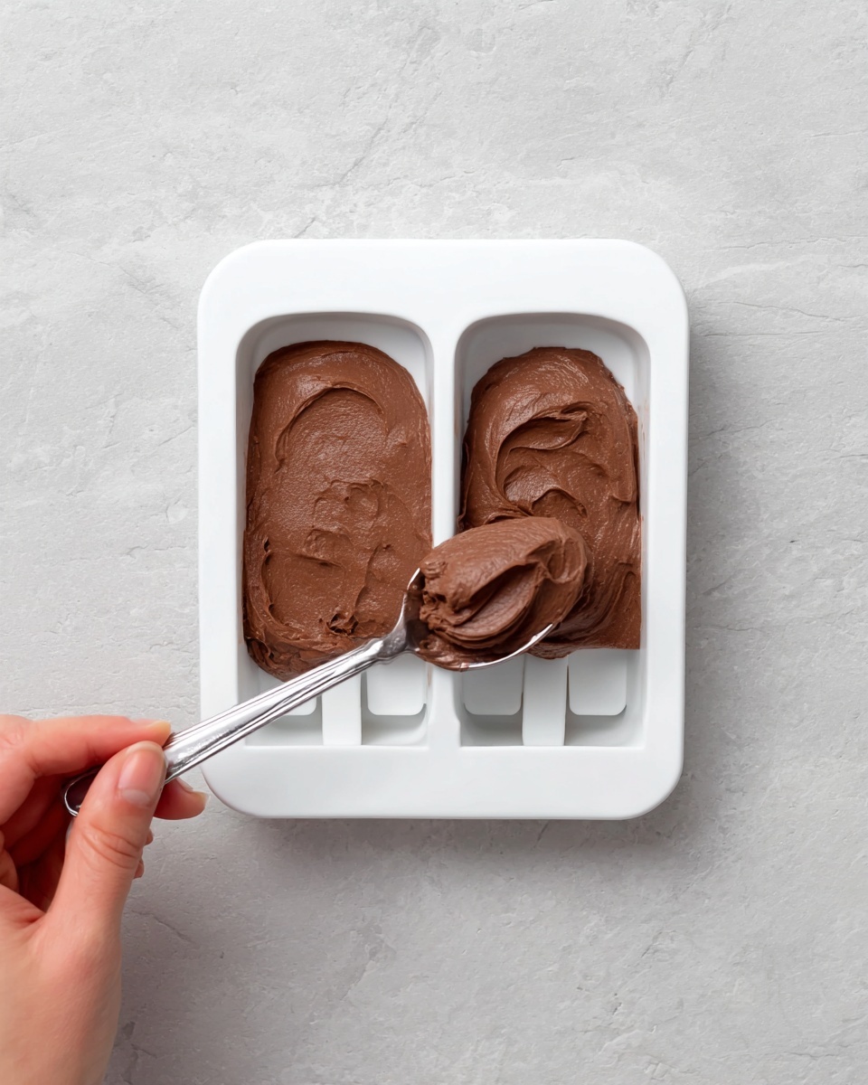 A close-up top view of a white popsicle mold with two slots, one empty and one half filled with smooth, rich brown chocolate mixture that has a creamy texture. A woman's hand is holding a silver spoon above the mold, scooping the thick chocolate mixture with visible swirls and folds in it, ready to fill the other slot. The mold and hand rest on a white marbled surface, adding a clean and bright background to the image. photo taken with an iphone --ar 4:5 --v 7