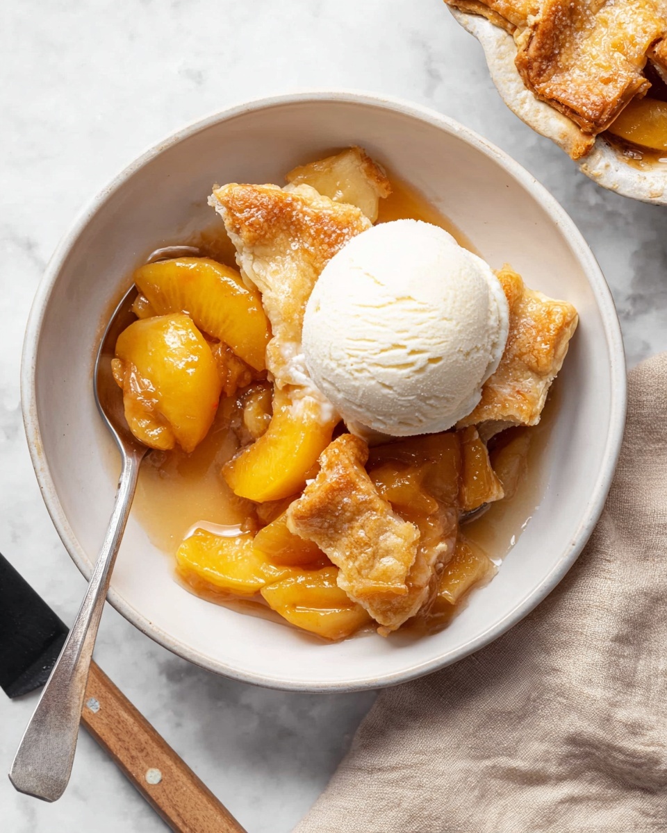A white bowl holds a serving of peach pie with visible golden-brown crust pieces and soft, orangey peach slices soaked in syrup, arranged in a somewhat loose, layered pile at the bottom. On top of the pie layers is a single round scoop of smooth, creamy white ice cream. A silver spoon rests inside the bowl, holding some of the soft peach slices and syrup. The bowl is placed on a white marbled surface with a beige napkin to the right and a wooden-handled pie server partially in view at the bottom left. Photo taken with an iphone --ar 4:5 --v 7