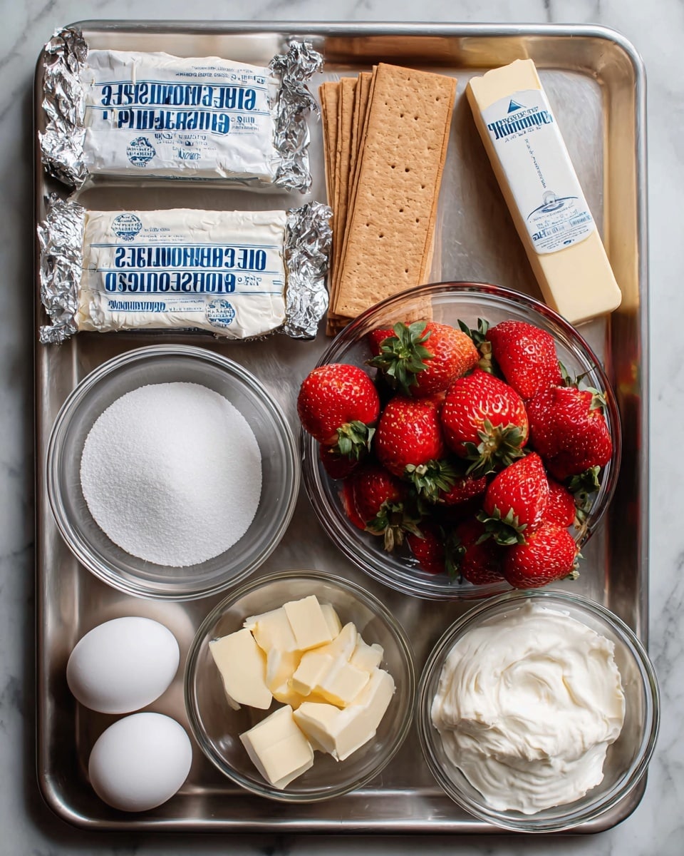 The image shows a metal tray with several ingredients arranged neatly on it. On the top left, there are three rectangular silver packages of cream cheese stacked, each with blue lettering. To the right of the cheese is a small, open brown paper bag of brown rectangular crackers. Next to the crackers on the right is a stick of light yellow butter wrapped in white and blue paper. Below the cheese are four white eggs placed in a rough square shape. Below the eggs on the left side is a clear glass bowl filled with white granulated sugar. Beside it on the right is another clear glass bowl filled with bright red strawberries with green leaves. Above the strawberries and sugar bowls, near the center right of the tray, is a small glass bowl with a white creamy substance that looks thick. The whole tray rests on a white marbled surface. Photo taken with an iphone --ar 4:5 --v 7