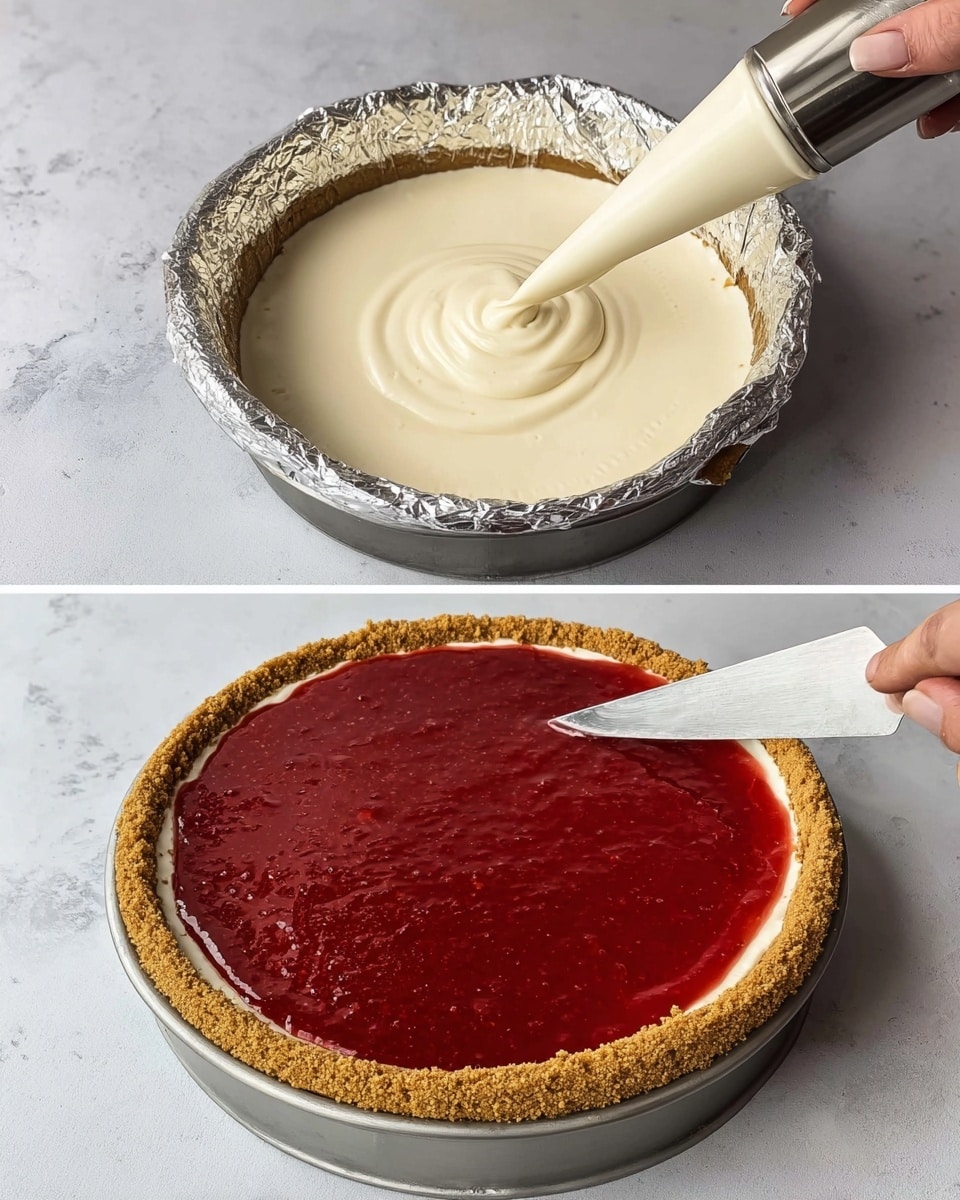 The image shows two stages of making a cheesecake with a graham cracker crust. On the left, a creamy white mixture is being piped into a deep golden-brown crust that is held in a round pan wrapped in silver foil, filling it from the bottom up with a smooth texture. On the right, the cheesecake now has a thick layer of shiny, deep red strawberry glaze spread evenly over the top of the crust, with a woman's hand holding a knife smoothing the surface. Both images are set on a white marbled surface. photo taken with an iphone --ar 4:5 --v 7