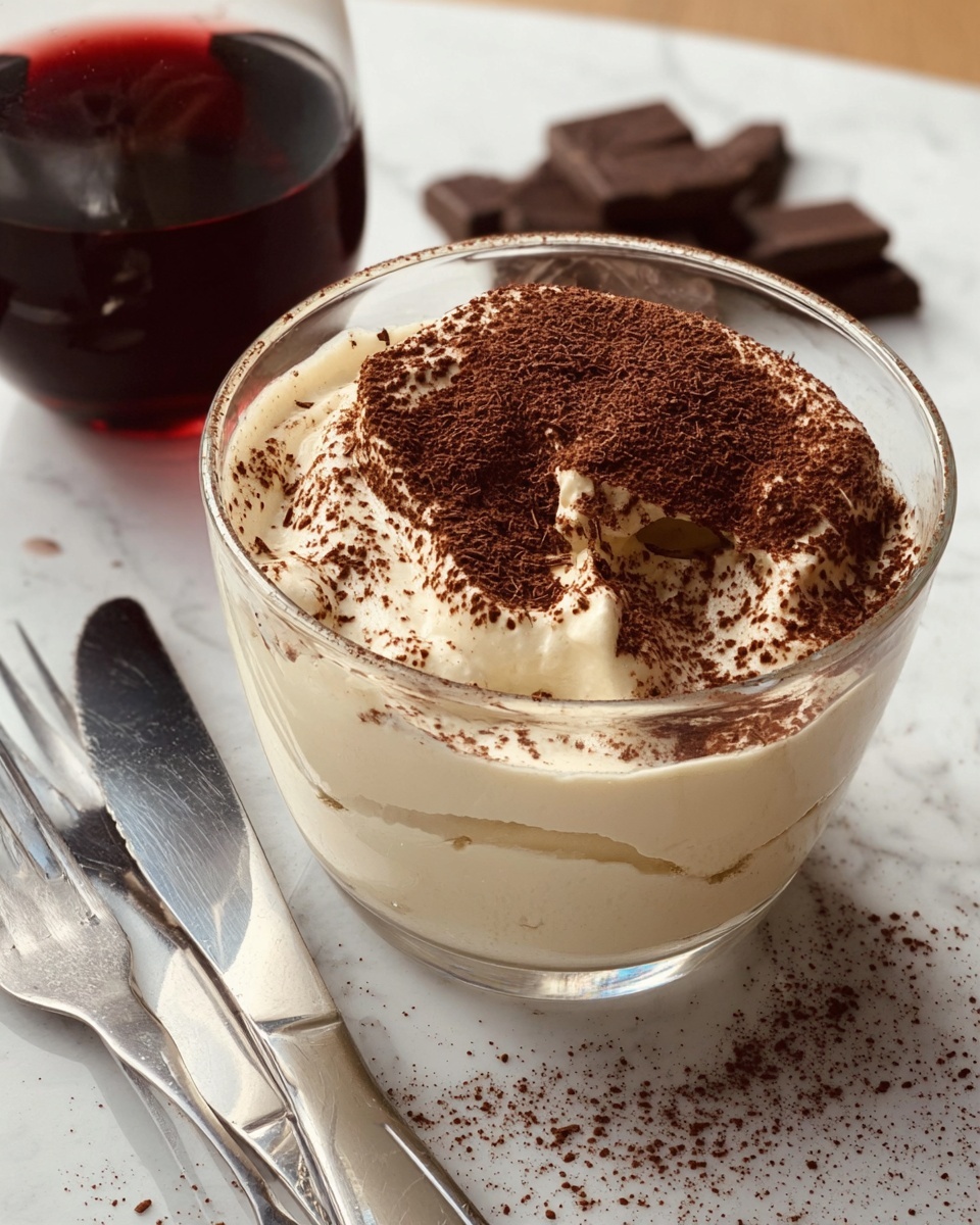 A clear glass cup holds a creamy dessert with two visible layers: the bottom layer is smooth and pale beige, while the top layer is thick, fluffy cream dusted generously with dark brown cocoa powder. The cup sits on a white marbled surface next to a small clear glass filled with dark red liquid and scattered pieces of dark chocolate. A silver knife and fork rest on the left side of the glass cup. Photo taken with an iphone --ar 4:5 --v 7