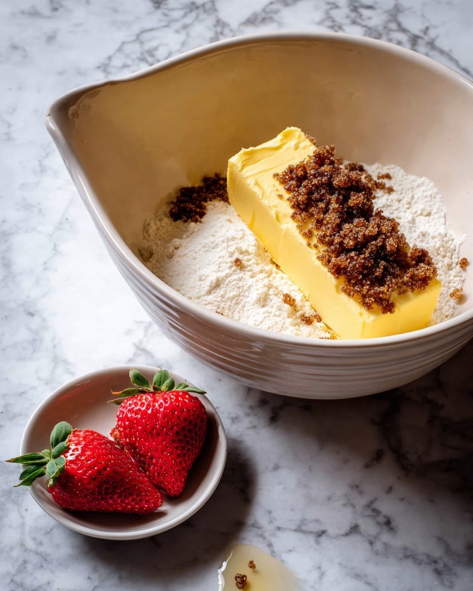 A white bowl contains three layers of ingredients: the bottom layer is white flour with a fine texture, the middle layer is a thick stick of yellow butter, and the top layer is sprinkled with coarse dark brown sugar crystals scattered partly on the butter and the flour around it. Nearby on a white marbled surface, there is a small white bowl holding two bright red strawberries, and one more strawberry lies outside the bowl, slightly wet and shiny. Photo taken with an iphone --ar 4:5 --v 7
