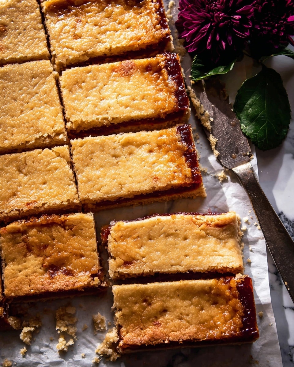 The image shows a batch of rectangular bars cut into pieces, placed on a sheet of parchment paper over a white marbled surface. These bars have two layers: a golden-brown top layer with a slightly rough and cracked texture, dotted with small fork marks, and a deep reddish-brown bottom layer that looks sticky and thick, visible around the edges. The bars are arranged in neat rows, with one piece pulled slightly away, held by a woman's hand, revealing the contrast between the two layers. A metal knife rests nearby with some crumbs around it, and a dark purple flower with green leaves decorates the top right corner. Photo taken with an iphone --ar 4:5 --v 7