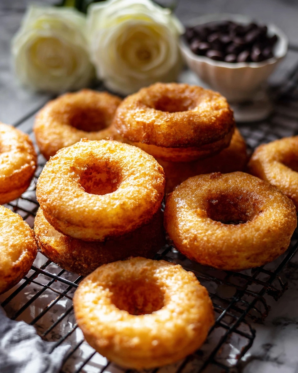 A close-up view of many golden brown donuts with a rough texture, arranged in a loose pile on a black wire cooling rack. Behind the donuts, there are two white roses and a white bowl filled with dark chocolate chips, all placed on a white marbled surface. The lighting highlights the warm, crispy edges of the donuts, casting soft shadows. photo taken with an iphone --ar 4:5 --v 7