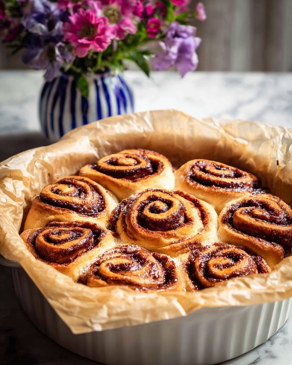 The image shows a white ceramic round dish filled with eight cinnamon rolls, arranged closely together in two rows of four. Each cinnamon roll has a golden brown outer layer with a dark cinnamon swirl spiraling from the center outward. The texture looks soft and slightly shiny with a glaze or sugar sprinkled on top. The dish is lined with light brown parchment paper that folds over the edges. In the background, there is a blurred bunch of pink and purple flowers in a blue and white vase, all set on a white marbled surface. photo taken with an iphone --ar 4:5 --v 7