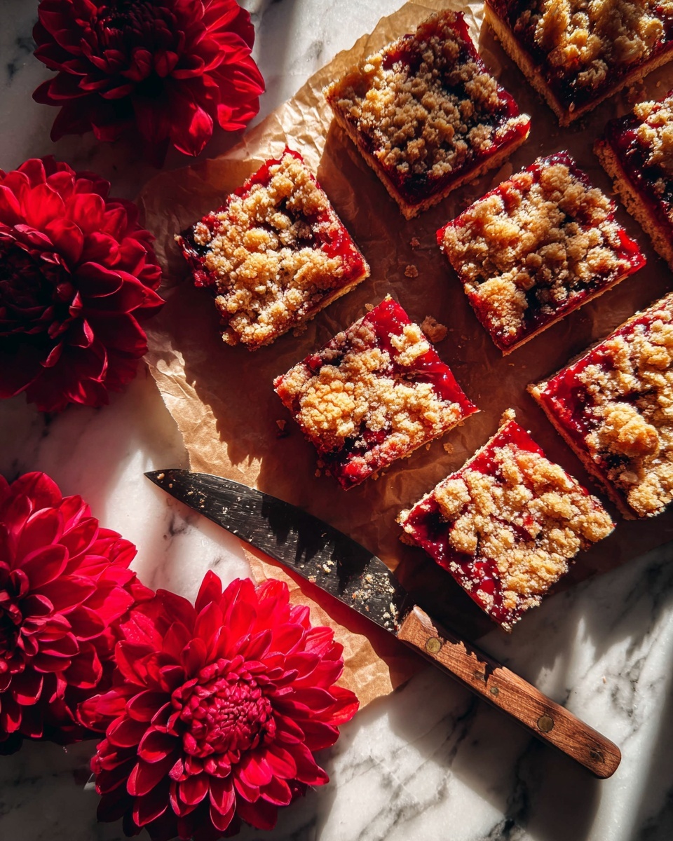 The image shows eight square jam bars arranged on brown parchment paper, each bar consisting of a bottom golden crumbly crust layer, a middle bright red jam layer with visible fruit pieces, and a top crunchy golden crumb topping. To the left of the bars, there are three large, bright red flowers with rich texture and layers of petals. A wooden-handled knife lies below the bars on a white marbled surface, catching some sunlight that creates soft shadows and highlights. The scene is warm and inviting, with colors of red, gold, and brown contrasting against the white marble and the parchment. Photo taken with an iphone --ar 4:5 --v 7