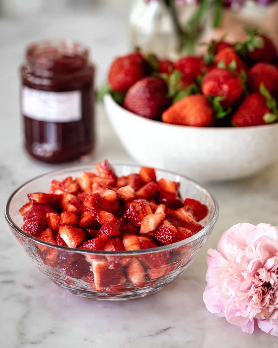 A large clear glass bowl filled with bright red chopped strawberries takes the foreground, showing a mix of small and medium pieces. Behind it, a white bowl full of whole, fresh strawberries is slightly out of focus, with the strawberries' green leaves still attached. Further back, there is a jar of dark red strawberry jam with a white label. To the right of the glass bowl, a soft pink flower is placed on a white marbled surface, adding a gentle touch to the scene. The whole setting is on a white marbled table, giving a clean and fresh look. photo taken with an iphone --ar 4:5 --v 7