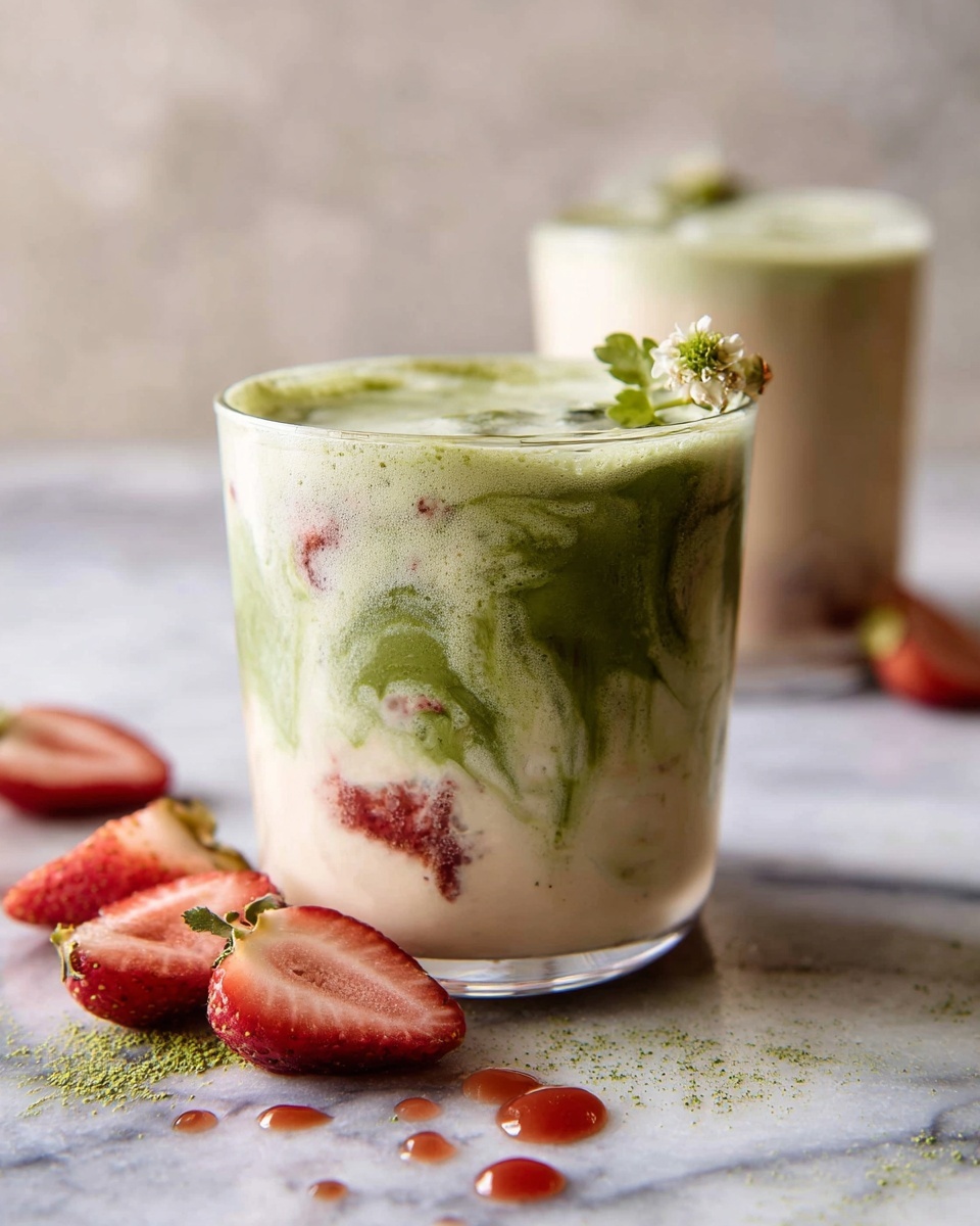 The image shows two clear glasses filled with a creamy drink that has swirls of green matcha mixed with a light beige liquid. The glass in front has visible layers of green matcha at the bottom and sides, blending into the beige creamy layer on top. There are bits of strawberry and a small green flower on the rim of the front glass. In front of it on a white marbled surface are sliced strawberries and drops of red syrup. The second glass is blurred in the background with a similar layered drink. Photo taken with an iphone --ar 4:5 --v 7