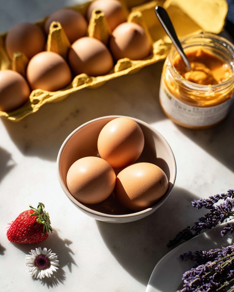 The image shows a white bowl filled with several brown eggs, positioned in the center on a white marbled surface. Behind the bowl, there is an open yellow egg carton containing more brown eggs. To the right of the bowl, there is a jar of orange-colored spread or sauce with a spoon inside. In the lower left corner, a red strawberry with a small white flower on top is visible. In the lower right corner, some purple dried flowers lie near the edge of a white plate. Bright natural light shines on the scene, creating soft shadows. photo taken with an iphone --ar 4:5 --v 7